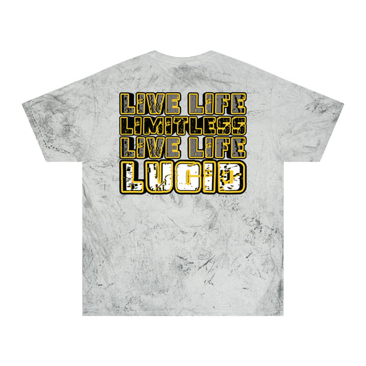 Smoke Color Blast tee, marbled grey, Live Life Limitless back graphic, flat