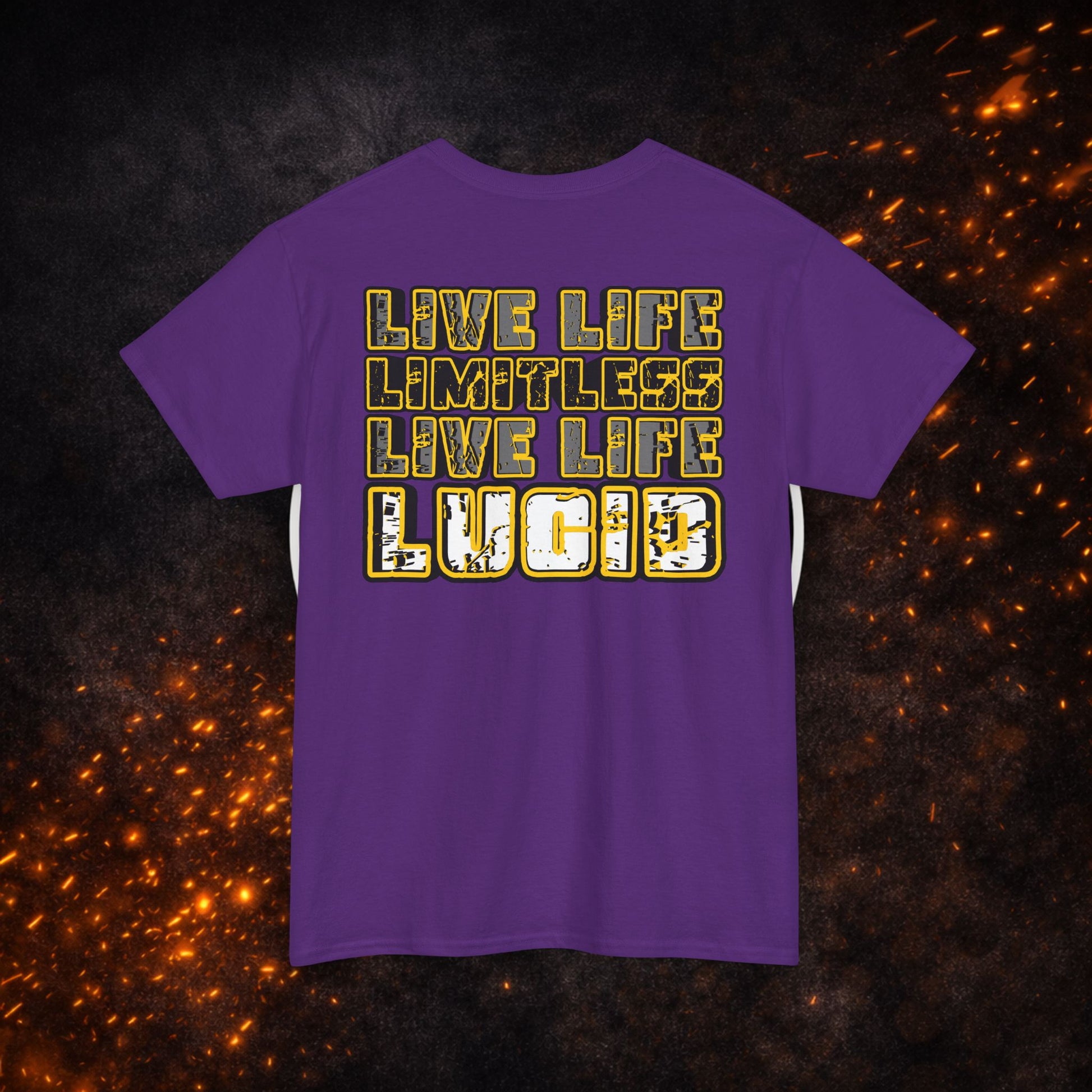 Back view of the purple "Live Life Limitless Live Life Lucid" Tee with gold text design.