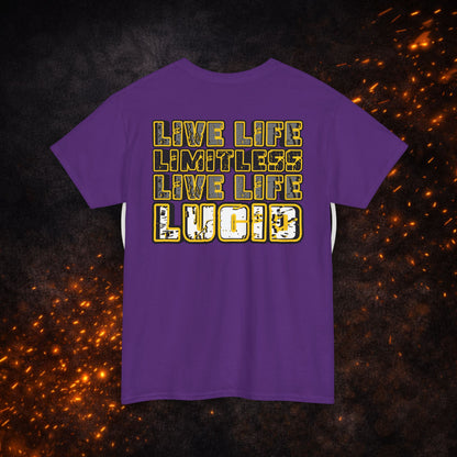 Back view of the purple "Live Life Limitless Live Life Lucid" Tee with gold text design.