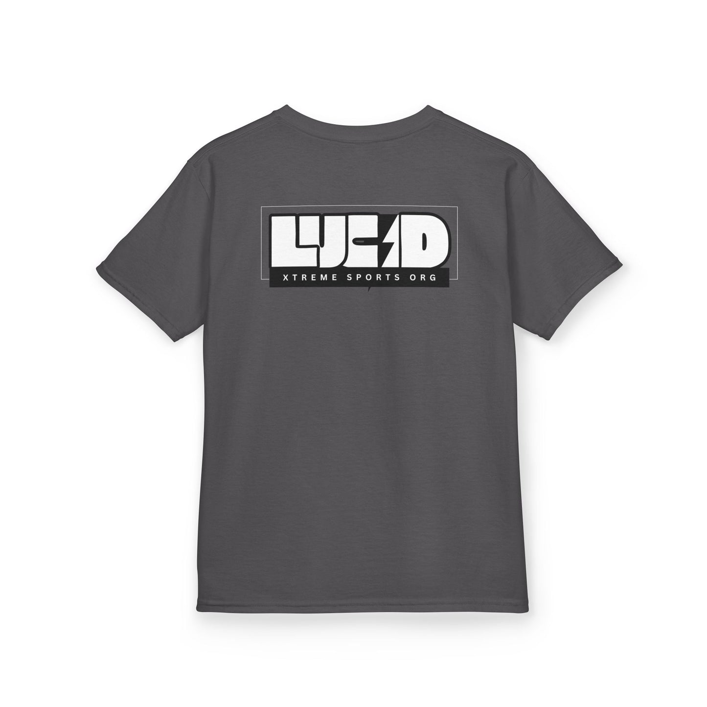 Charcoal Lightning Bolt Kids Tee, back LUCID lightning bolt design, flat lay