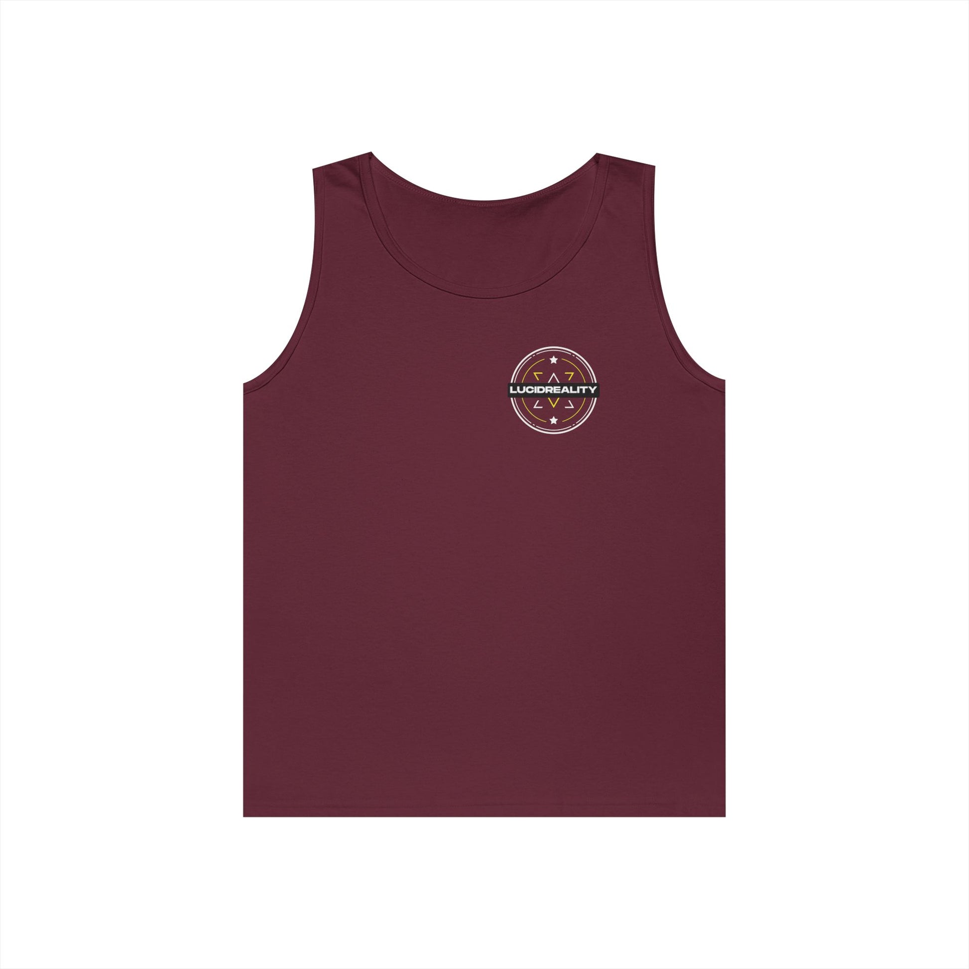 Maroon Live Life Limitless tank, front Lucid Reality logo, flat lay