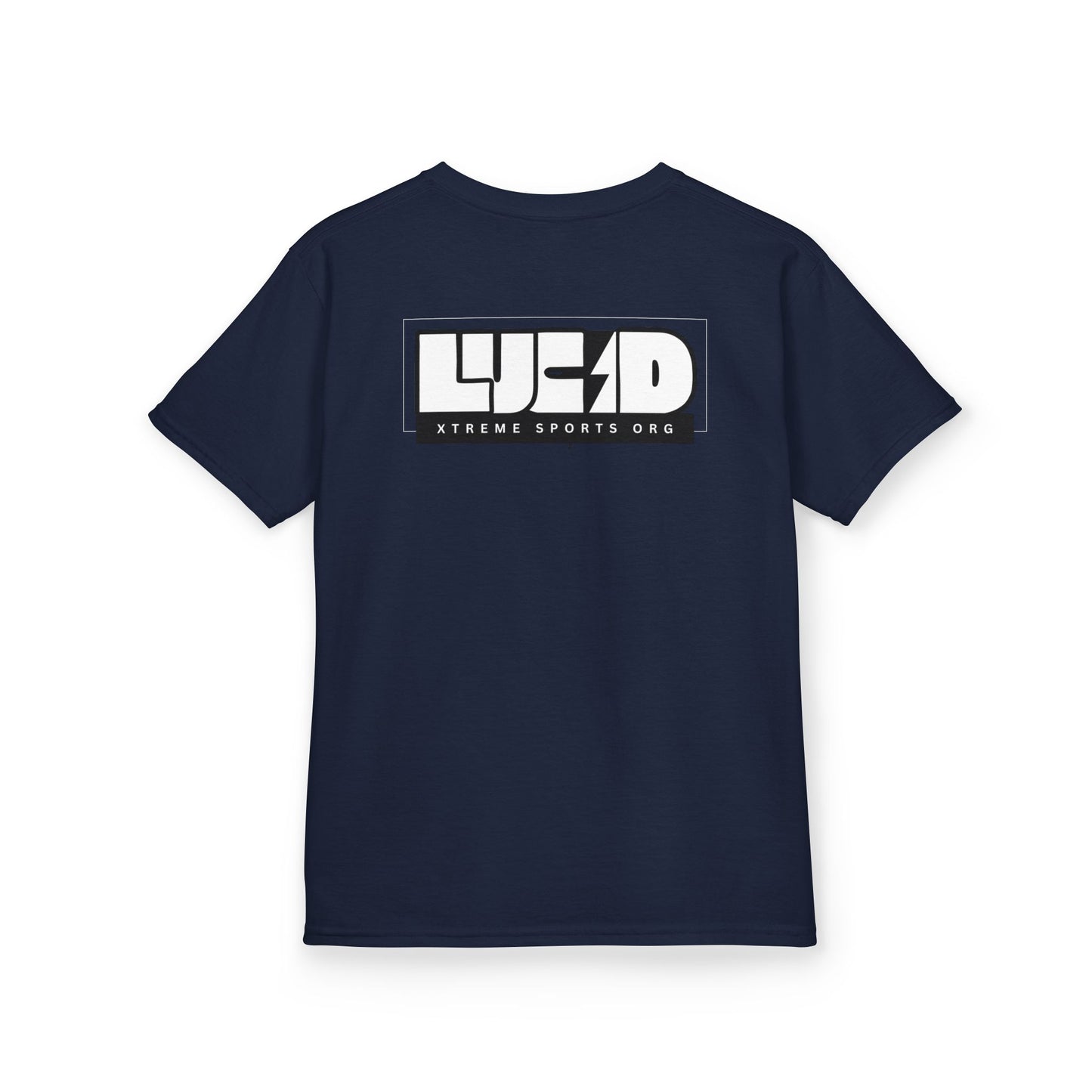 Navy Lightning Bolt Kids Tee, back LUCID lightning bolt design, flat lay