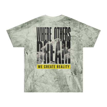 Ocean Color Blast tee, marbled blue, back Where Others Dream We Create Reality graphic, flat
