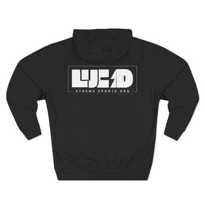 Black Lucid Reality hoodie, block LUCID logo back graphic, flat