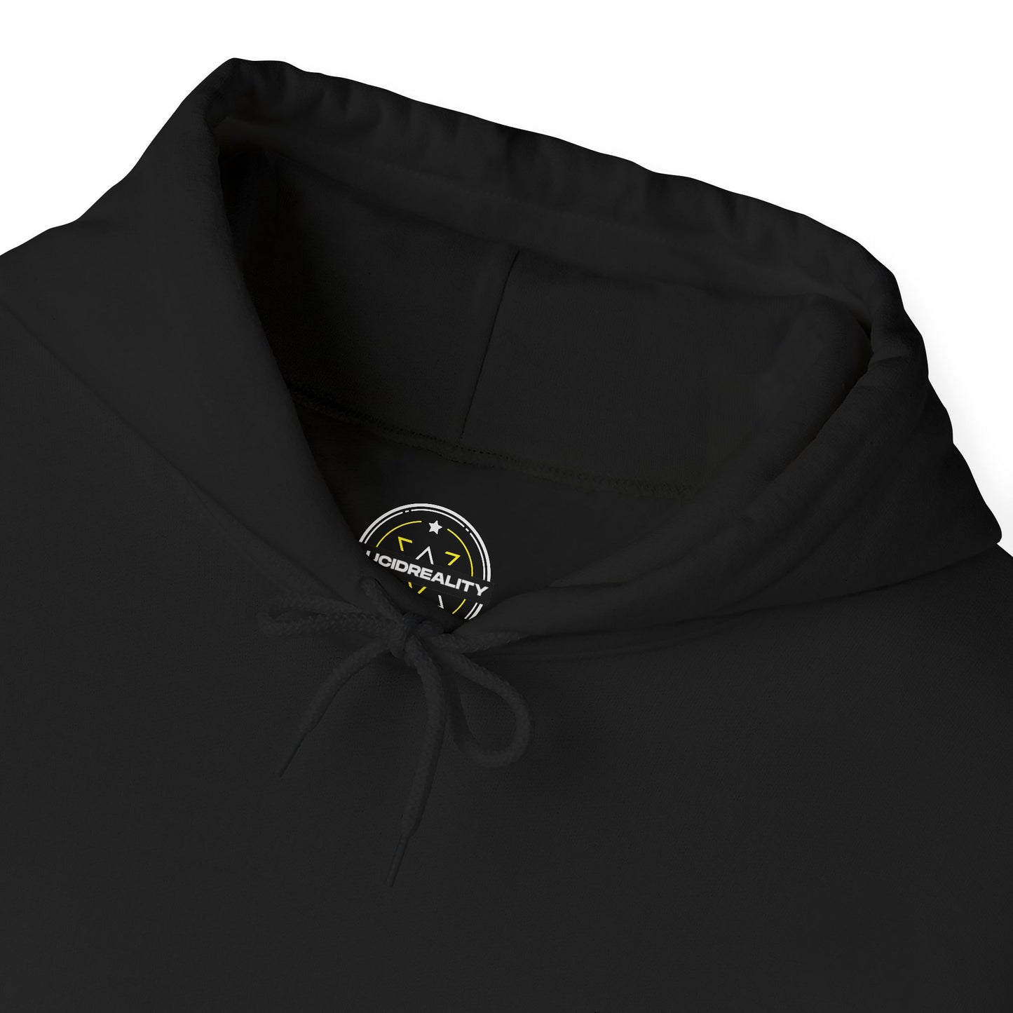 Lifestyle photo of the Lucid Reality Minimalist Embroidered Logo Hoodie – White & Gold