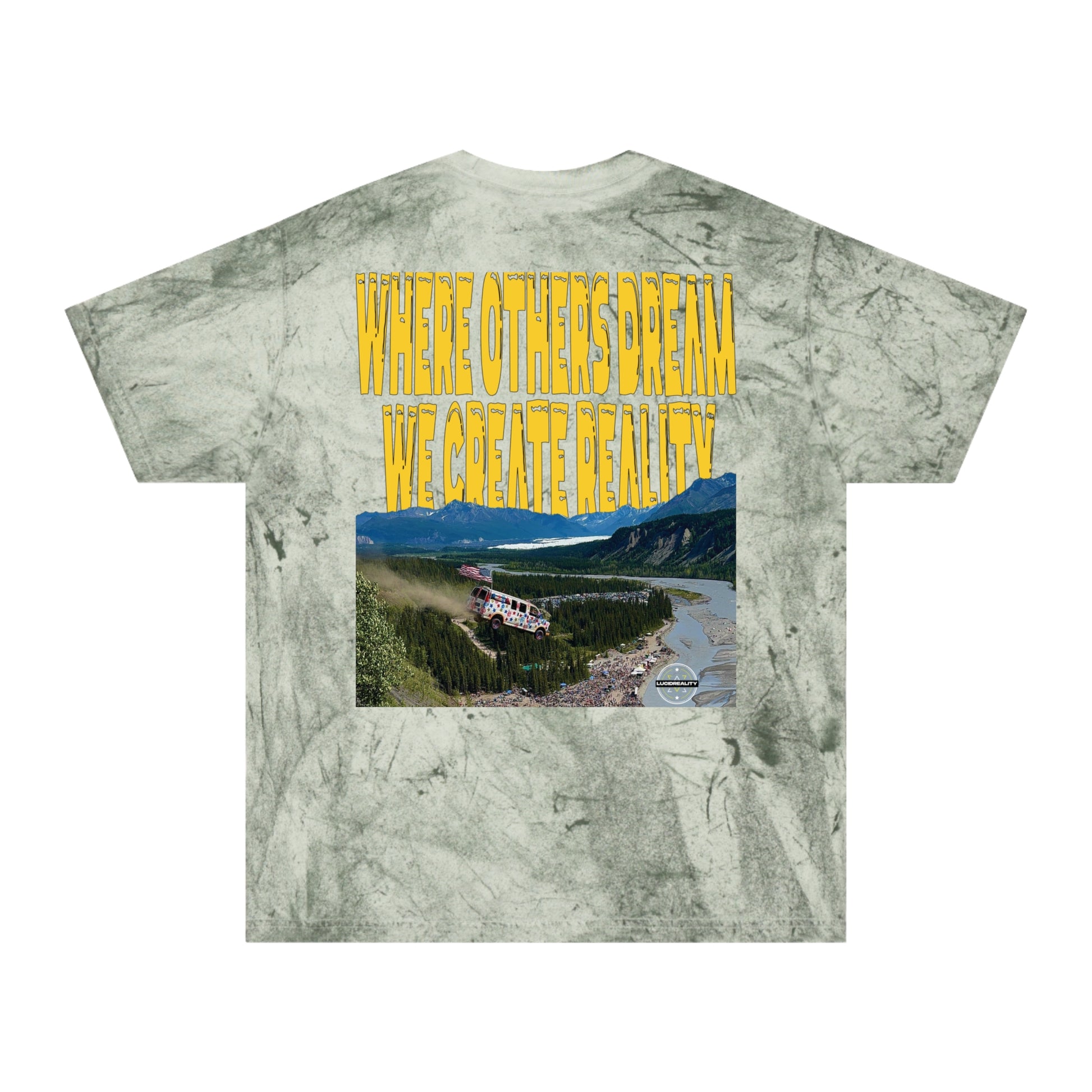 Fern Color Blast tee, marbled green, Live Life Limitless back graphic, flat