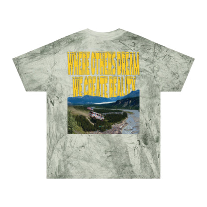 Fern Color Blast tee, marbled green, Live Life Limitless back graphic, flat