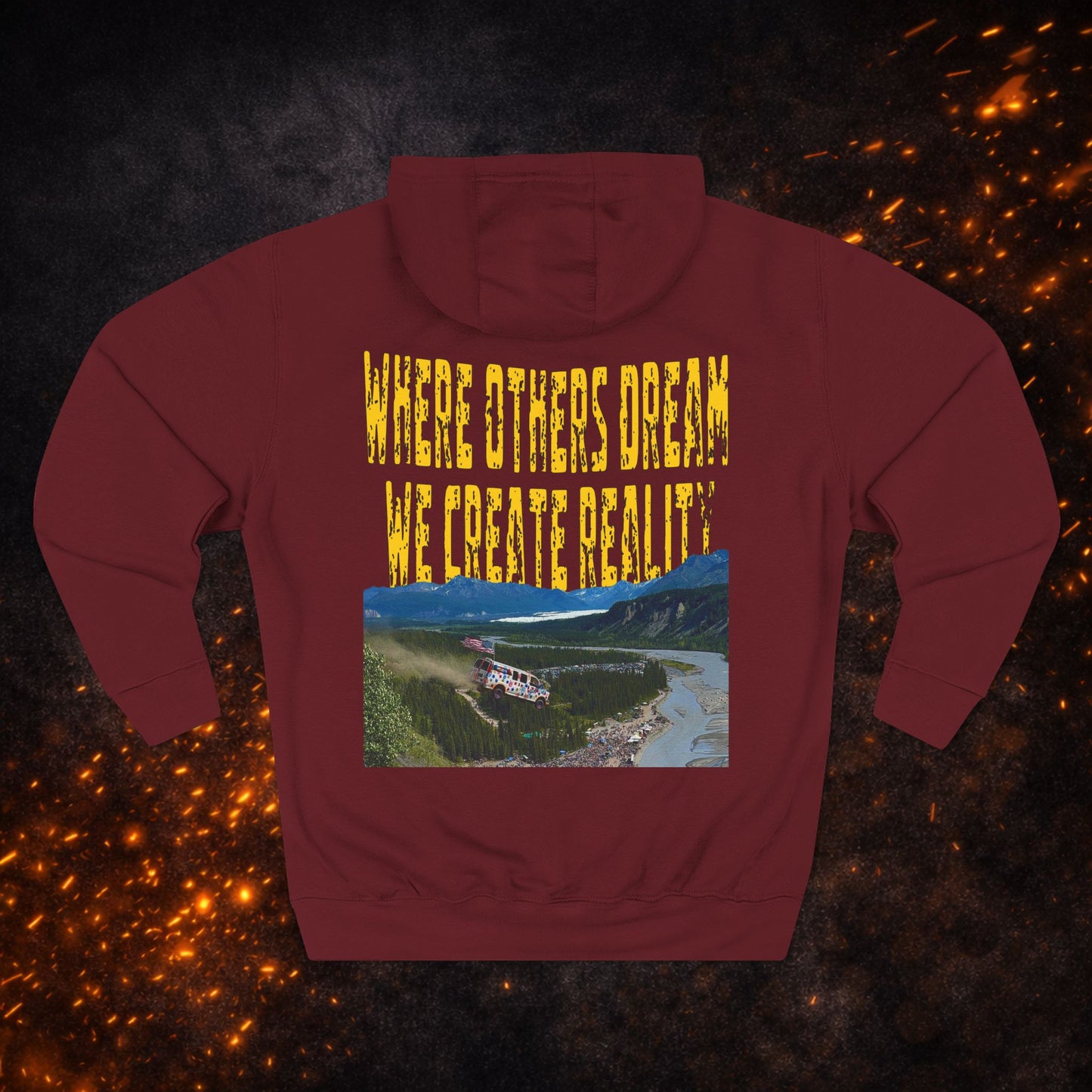 Back view of the maroon "Where Others Dream We Create Reality" Fleece Pullover Hoodie featuring the landscape design.