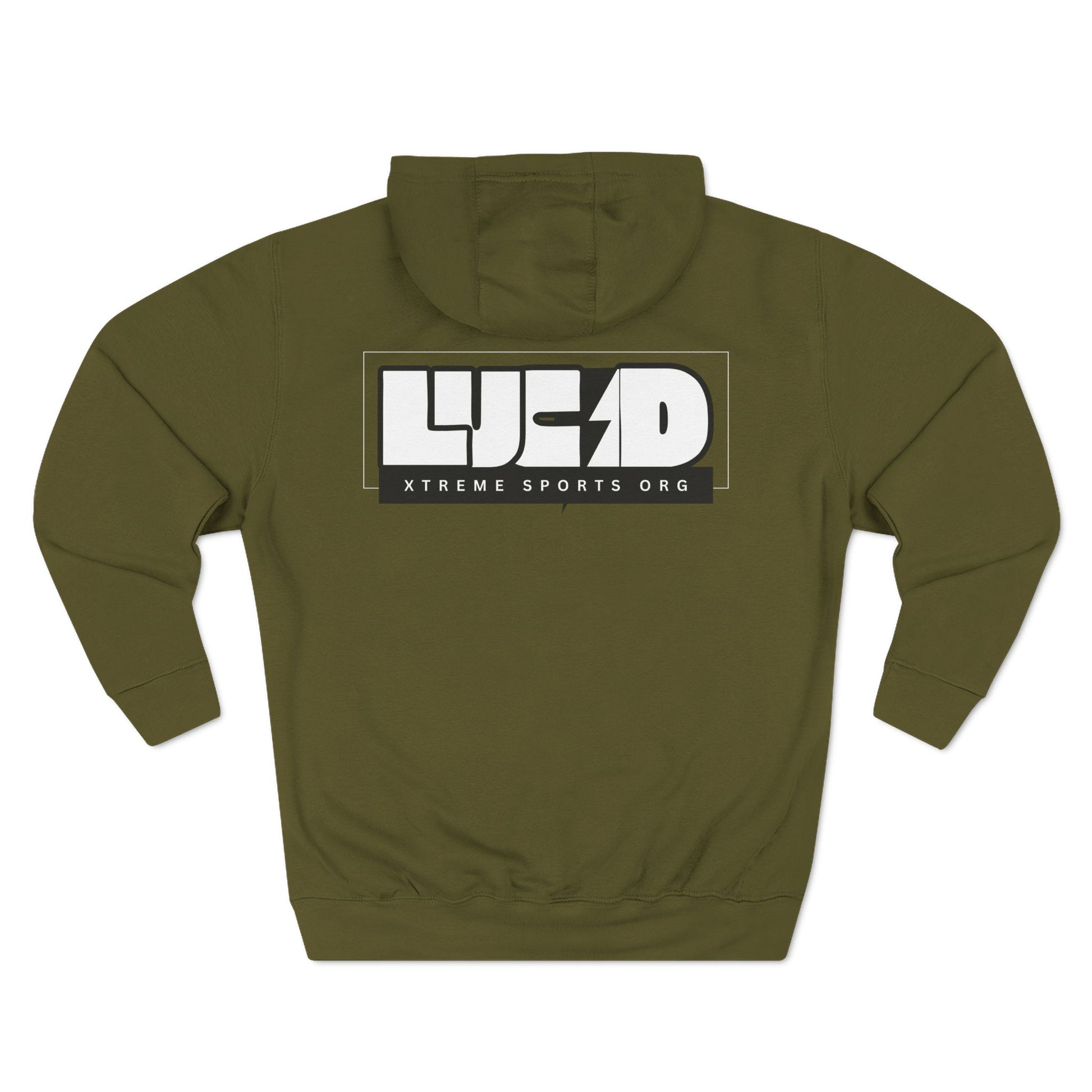 Army green Lucid Reality hoodie, block LUCID logo back graphic, flat