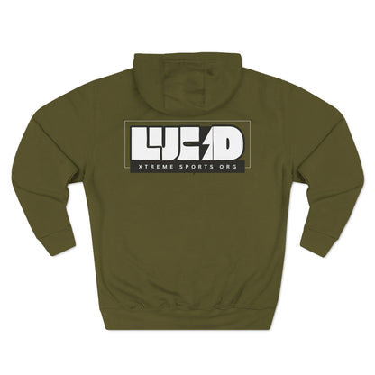 Army green Lucid Reality hoodie, block LUCID logo back graphic, flat
