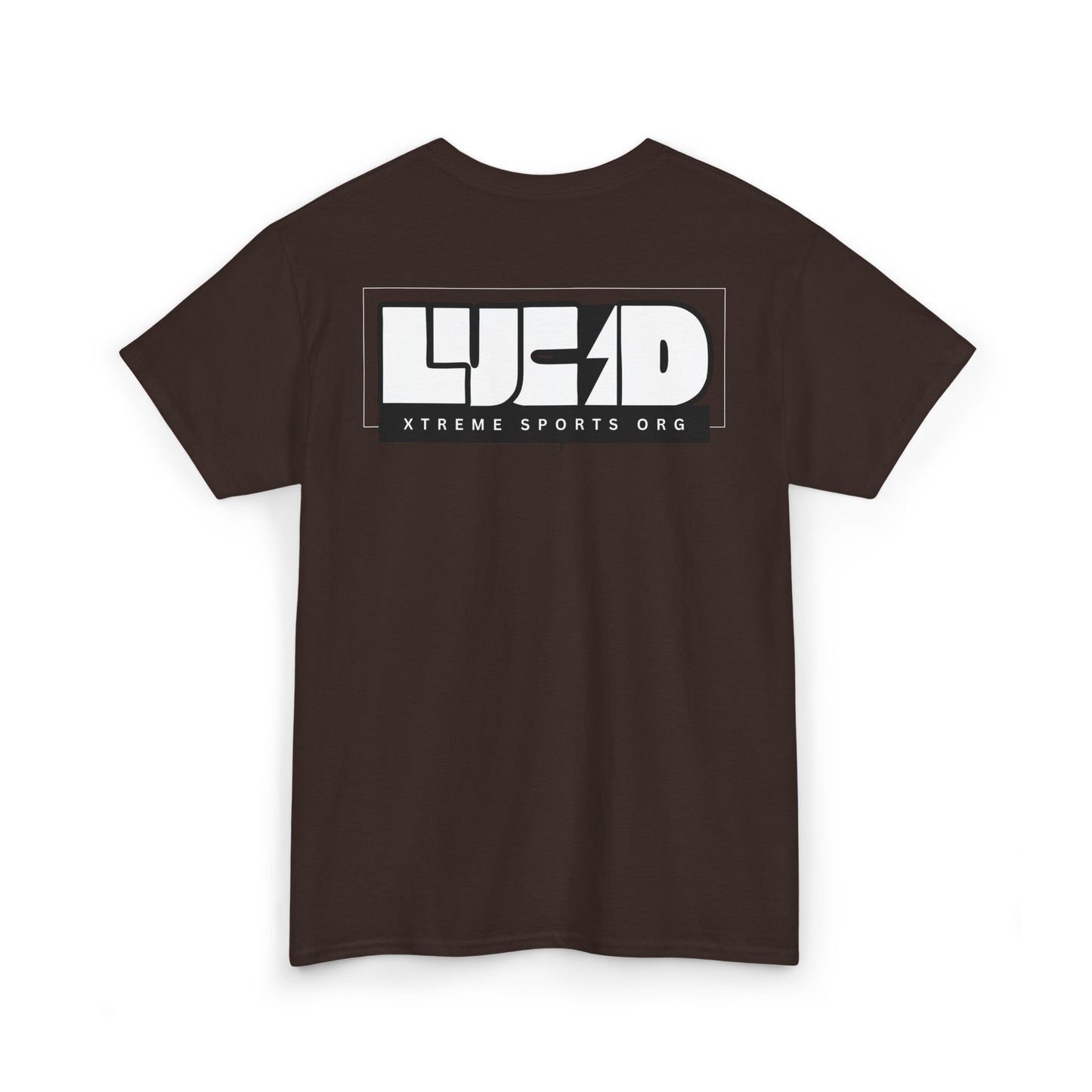 Dark chocolate Lucid Reality tee, block LUCID logo back graphic, flat