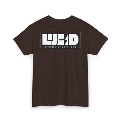 Dark chocolate Lucid Reality tee, block LUCID logo back graphic, flat