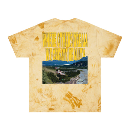 Citrine Color Blast tee, marbled yellow, Live Life Limitless back graphic, flat
