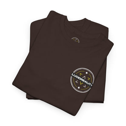 Dark Chocolate Logo Tee, folded with Lucid Reality logo, flat lay