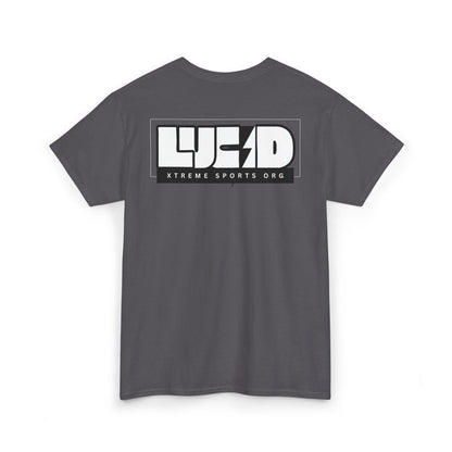 Charcoal Lucid Reality tee, block LUCID logo back graphic, flat