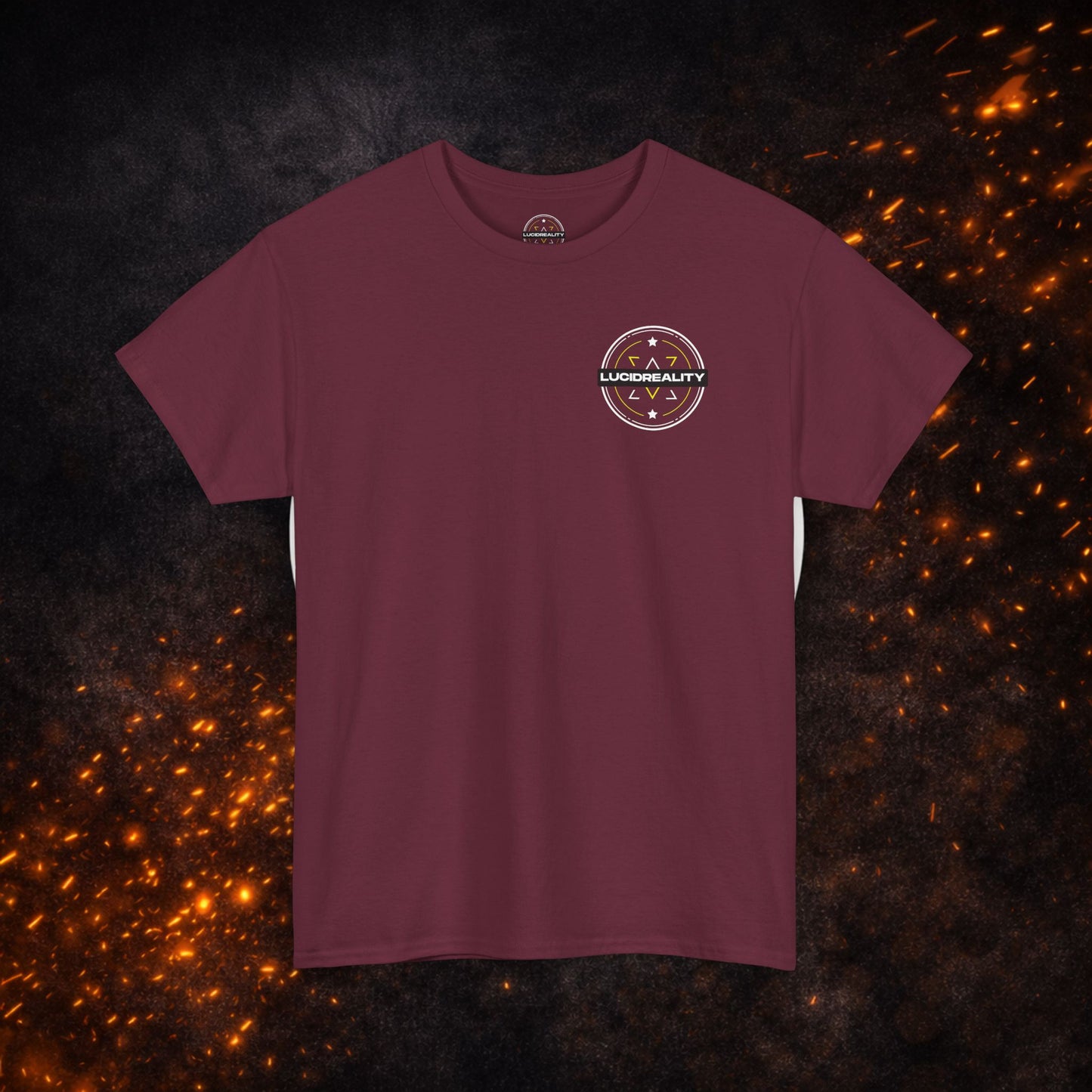 Front view of the maroon Lucid Reality Tee with small circular logo on the chest.