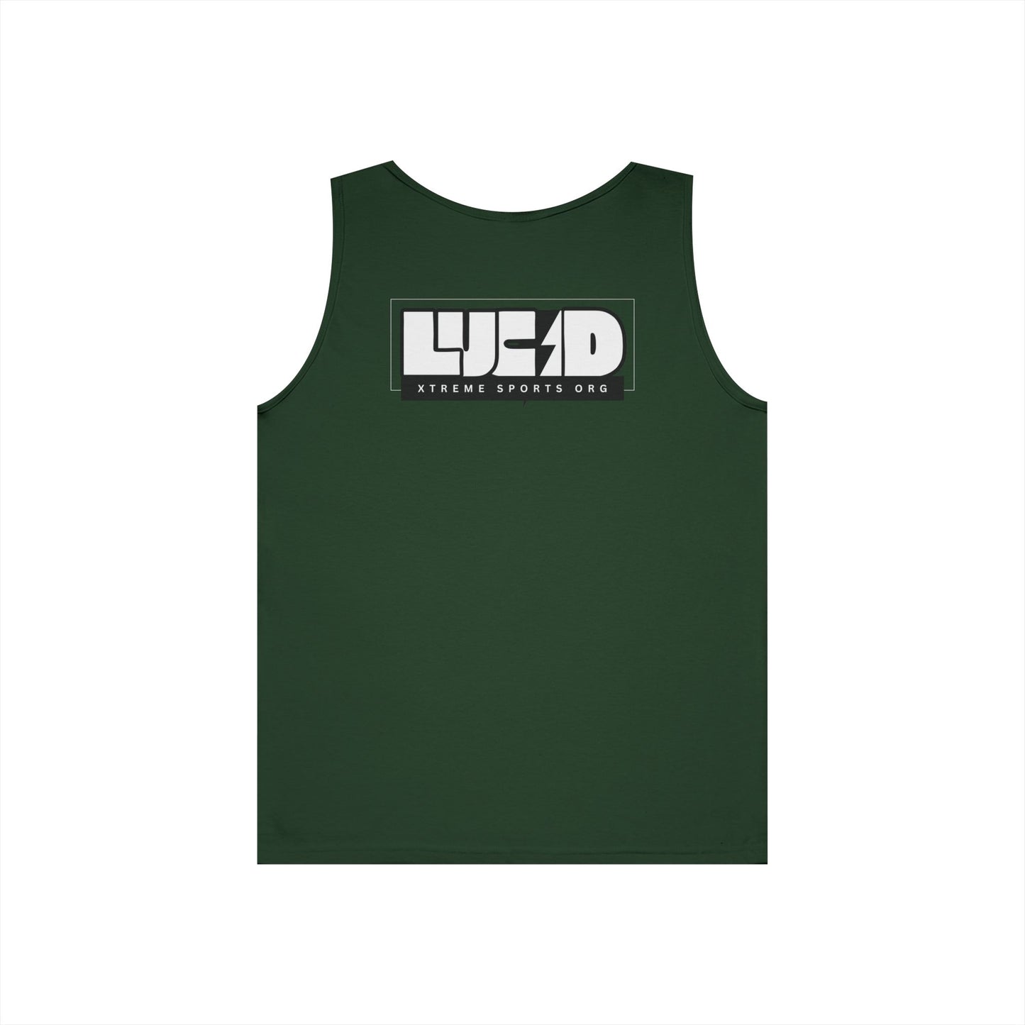 Forest Green Lucid Block Logo tank, block LUCID logo with lightning bolt back graphic, flat lay