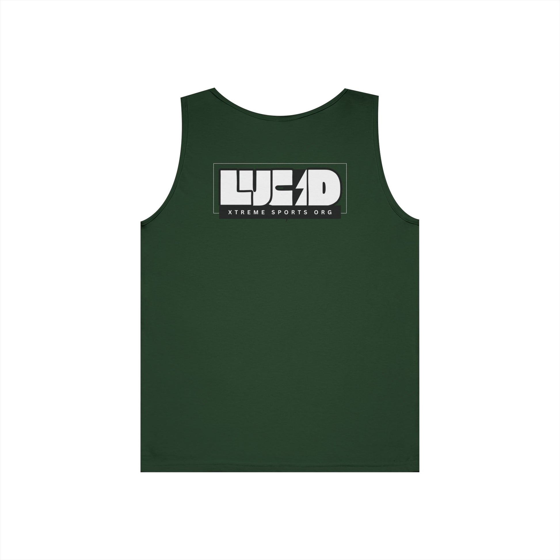 Forest Green Lucid Block Logo tank, block LUCID logo with lightning bolt back graphic, flat lay