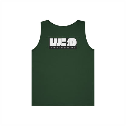 Forest Green Lucid Block Logo tank, block LUCID logo with lightning bolt back graphic, flat lay