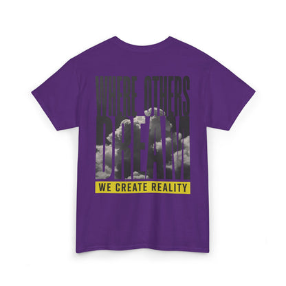 Military Green Where Others Dream Tee, back Where Others Dream We Create Reality graphic, flat lay