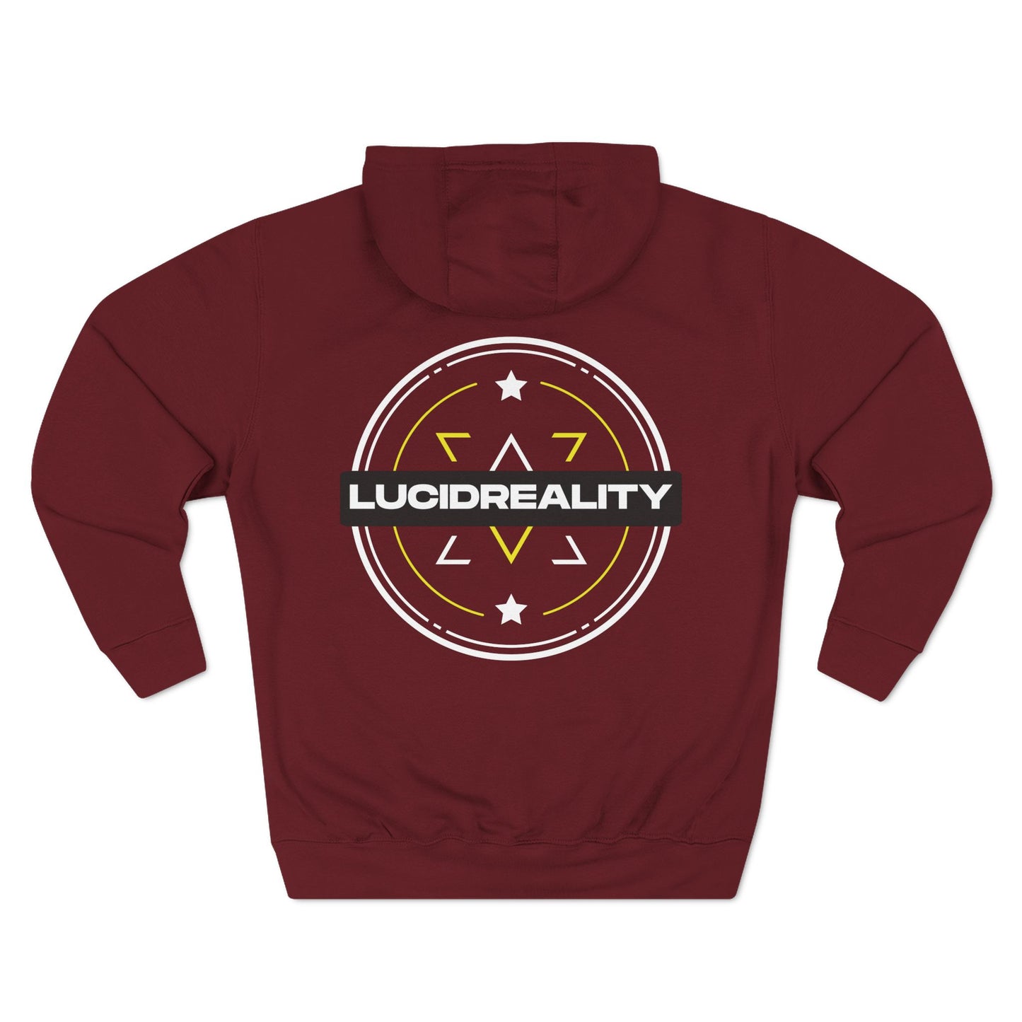 Burgundy Lucid Reality hoodie, circular emblem back graphic, flat