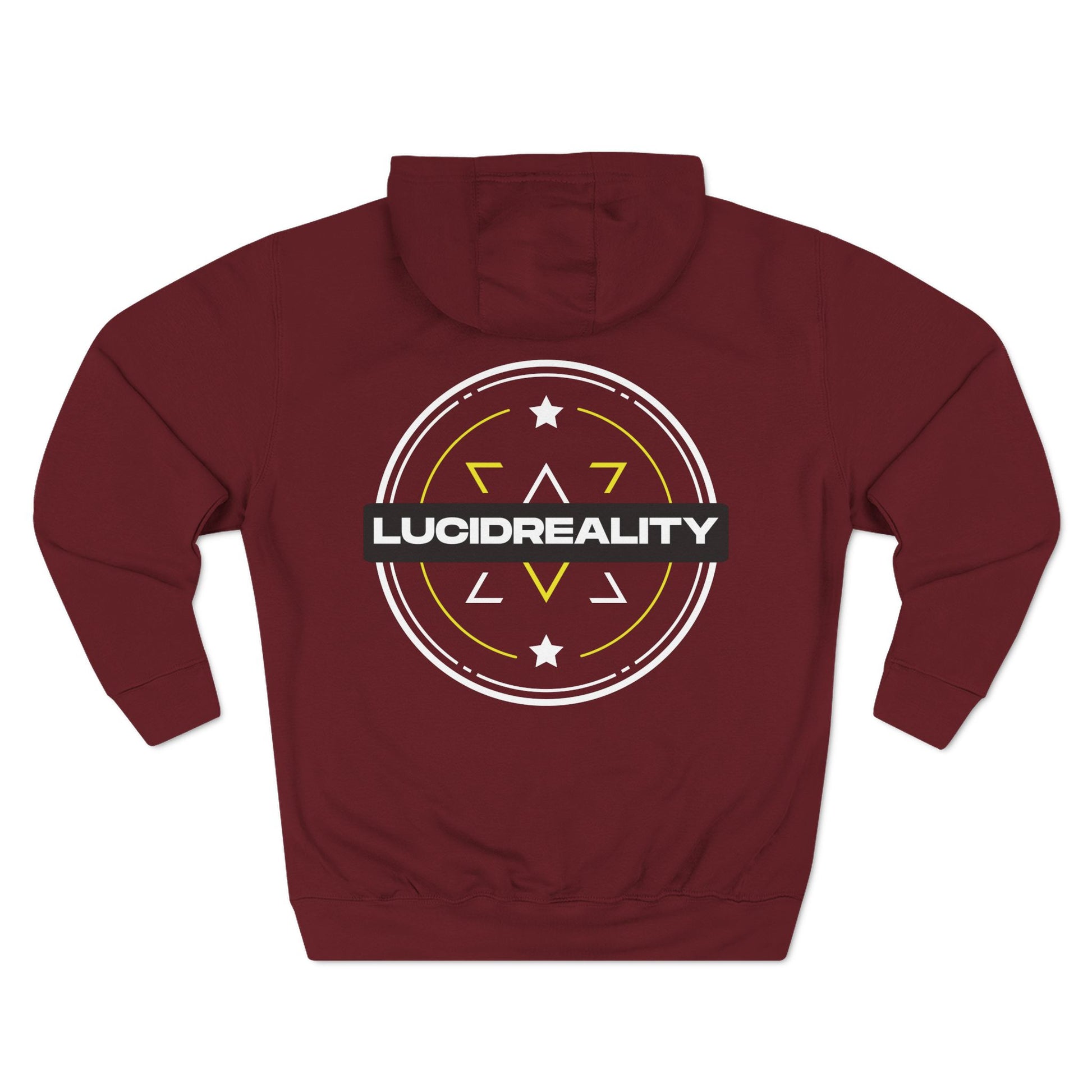 Burgundy Lucid Reality hoodie, circular emblem back graphic, flat