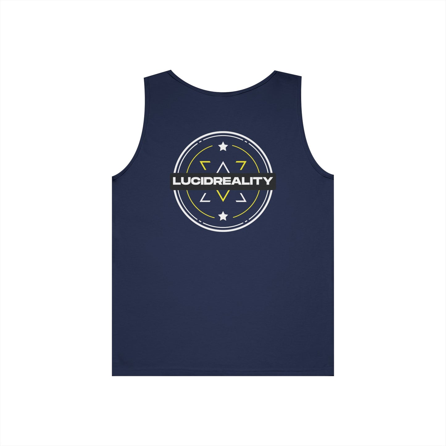 Navy Lucid Reality Emblem tank, full circular Lucid Reality emblem back graphic, flat lay