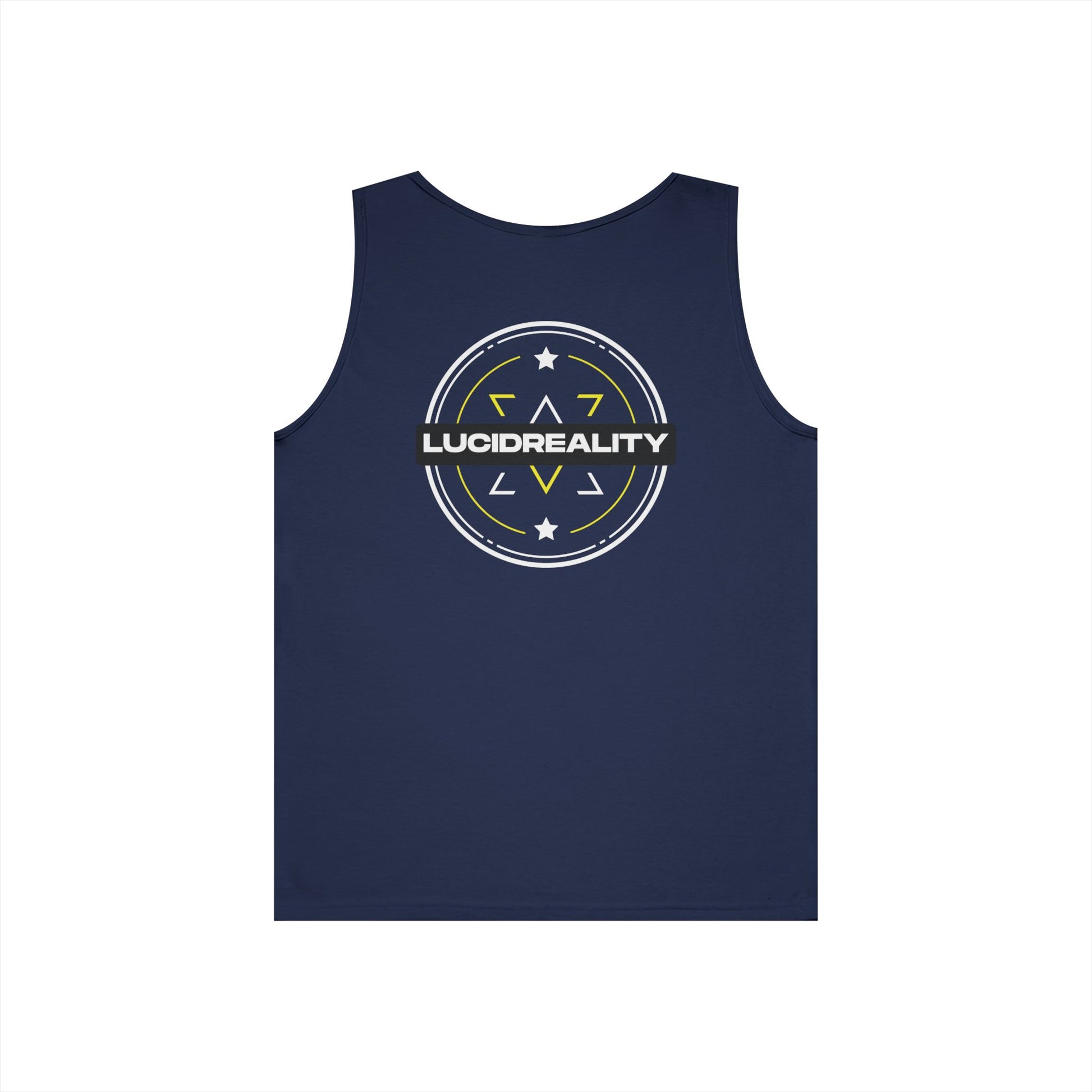 Navy Lucid Reality Emblem tank, full circular Lucid Reality emblem back graphic, flat lay