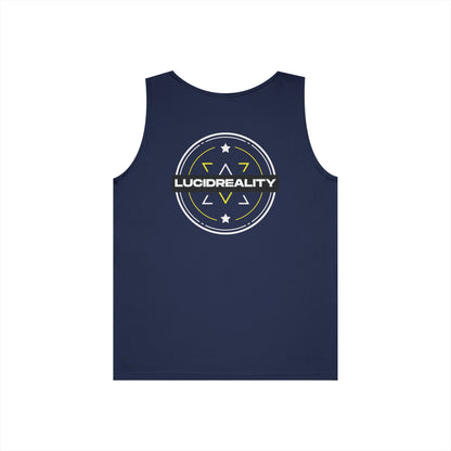 Navy Lucid Reality Emblem tank, full circular Lucid Reality emblem back graphic, flat lay