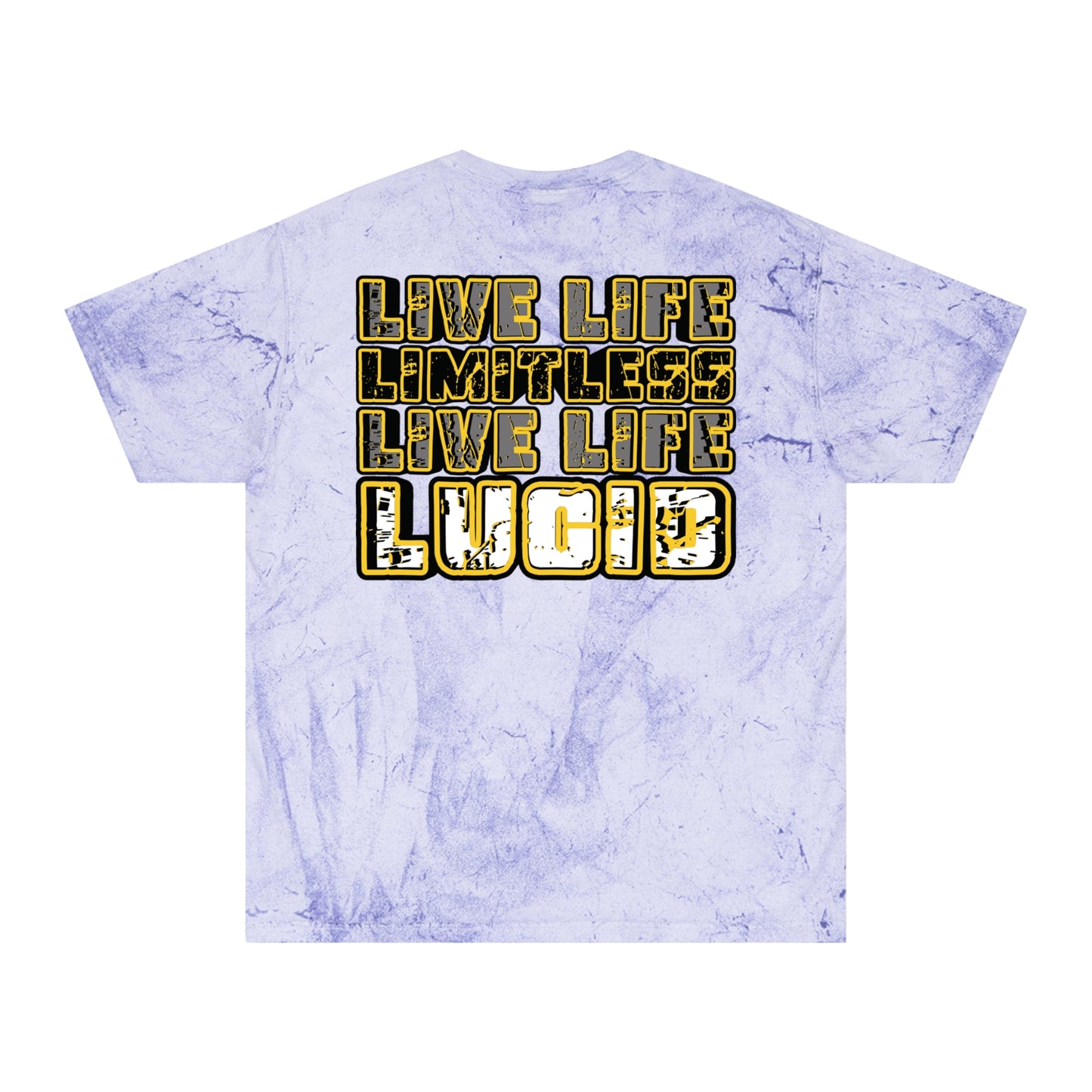 Amethyst Color Blast tee, marbled purple, Live Life Limitless back graphic, flat