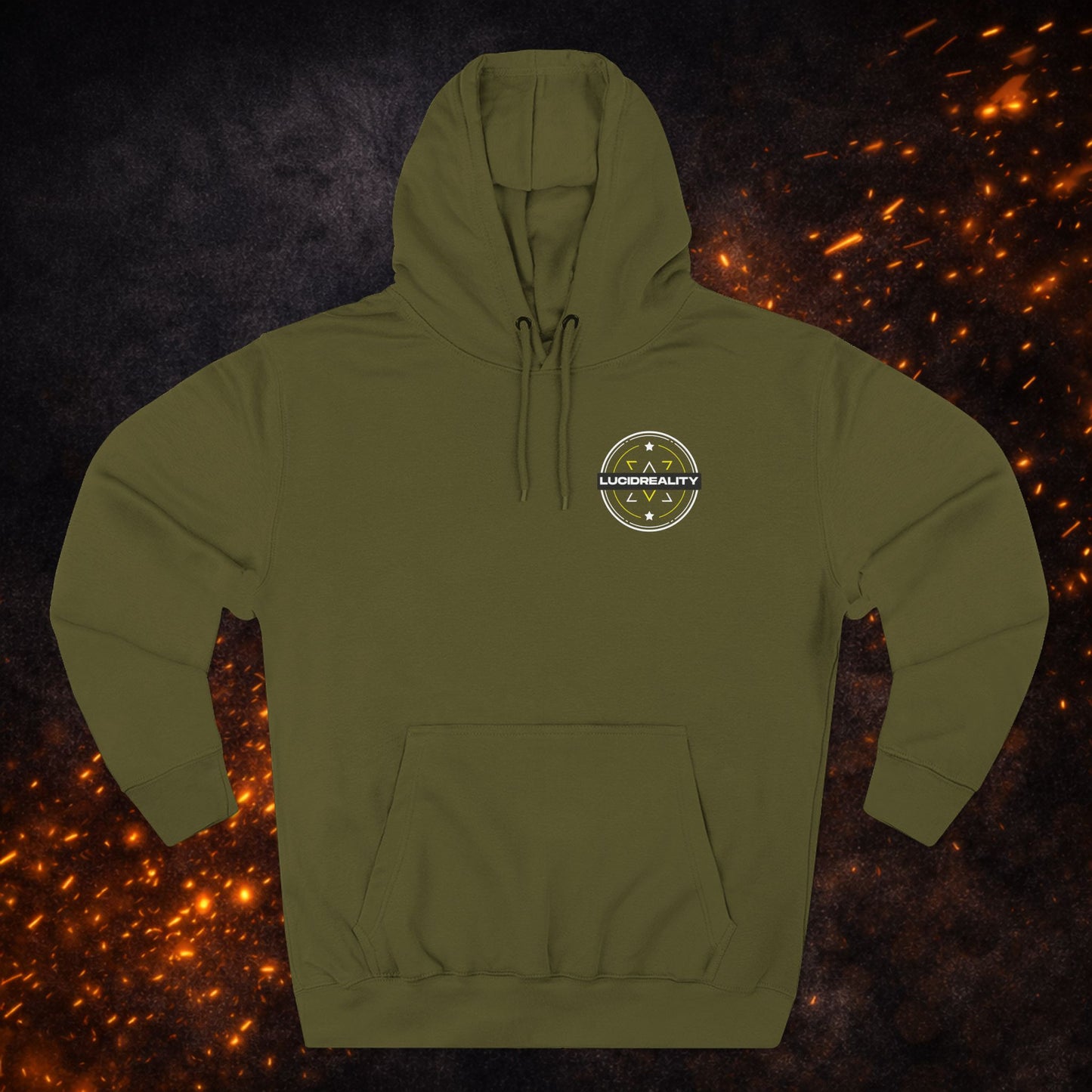 Front view of the military green Lucid Reality Fleece Pullover Hoodie featuring the small circular logo.