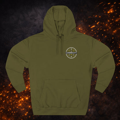 Front view of the military green Lucid Reality Fleece Pullover Hoodie featuring the small circular logo.