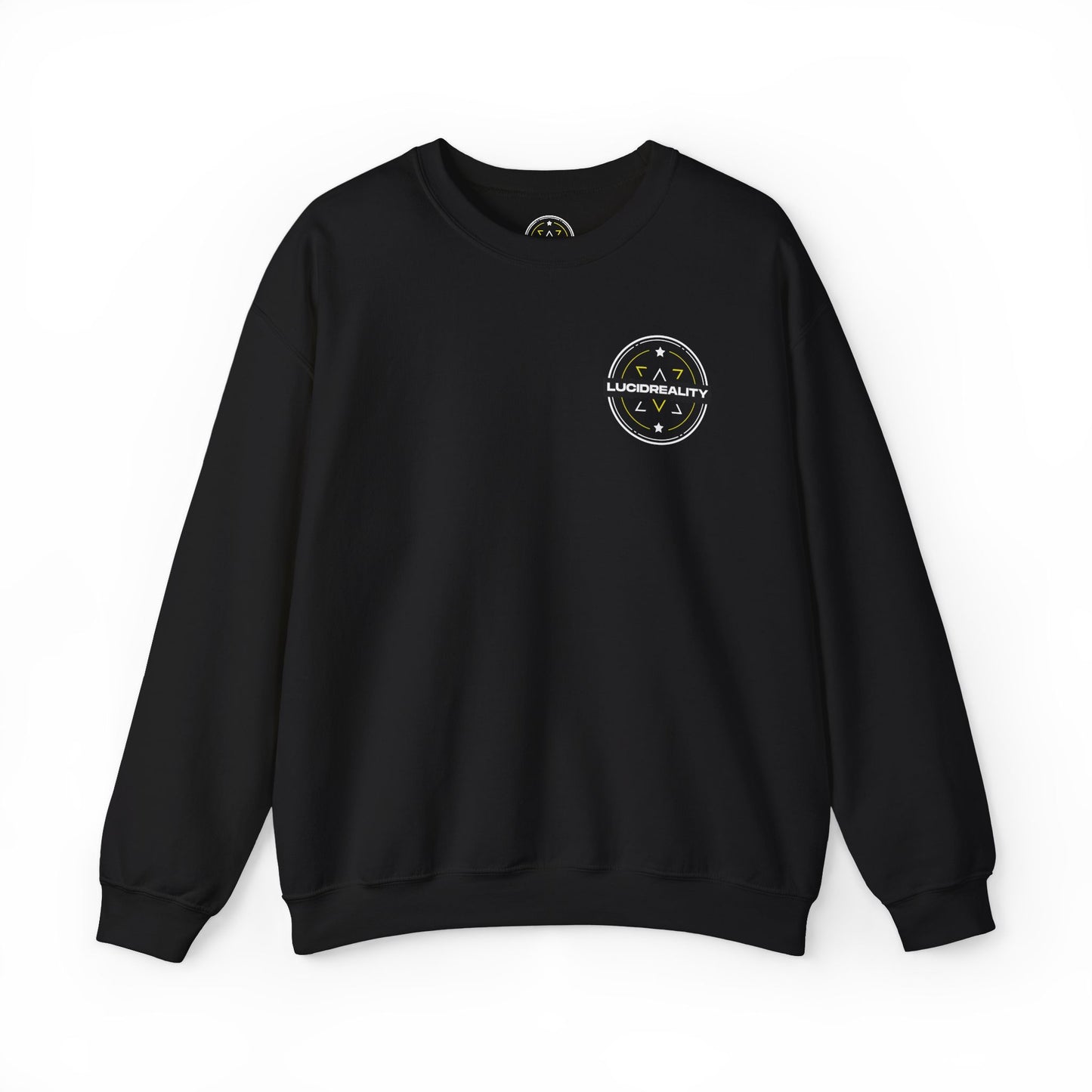 Black Logo Crewneck, front Lucid Reality logo, flat lay