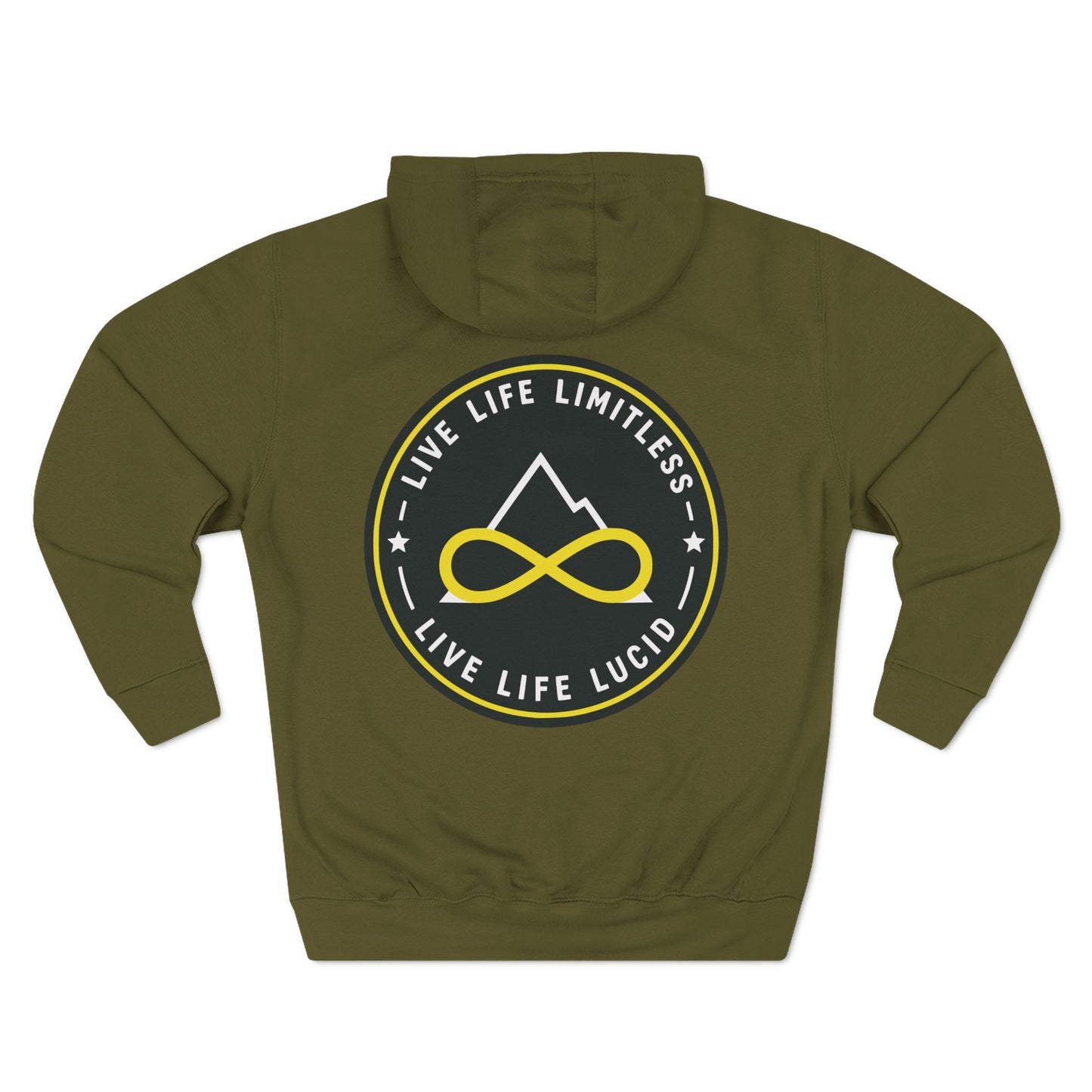 Back of the army green Live Life Limitless Fleece Pullover Hoodie with the gold mountain-and-infinity badge.