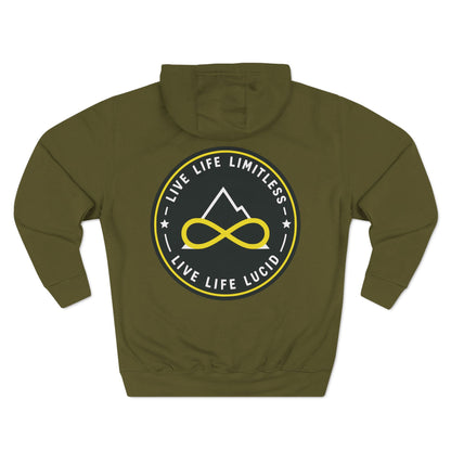 Back of the army green Live Life Limitless Fleece Pullover Hoodie with the gold mountain-and-infinity badge.
