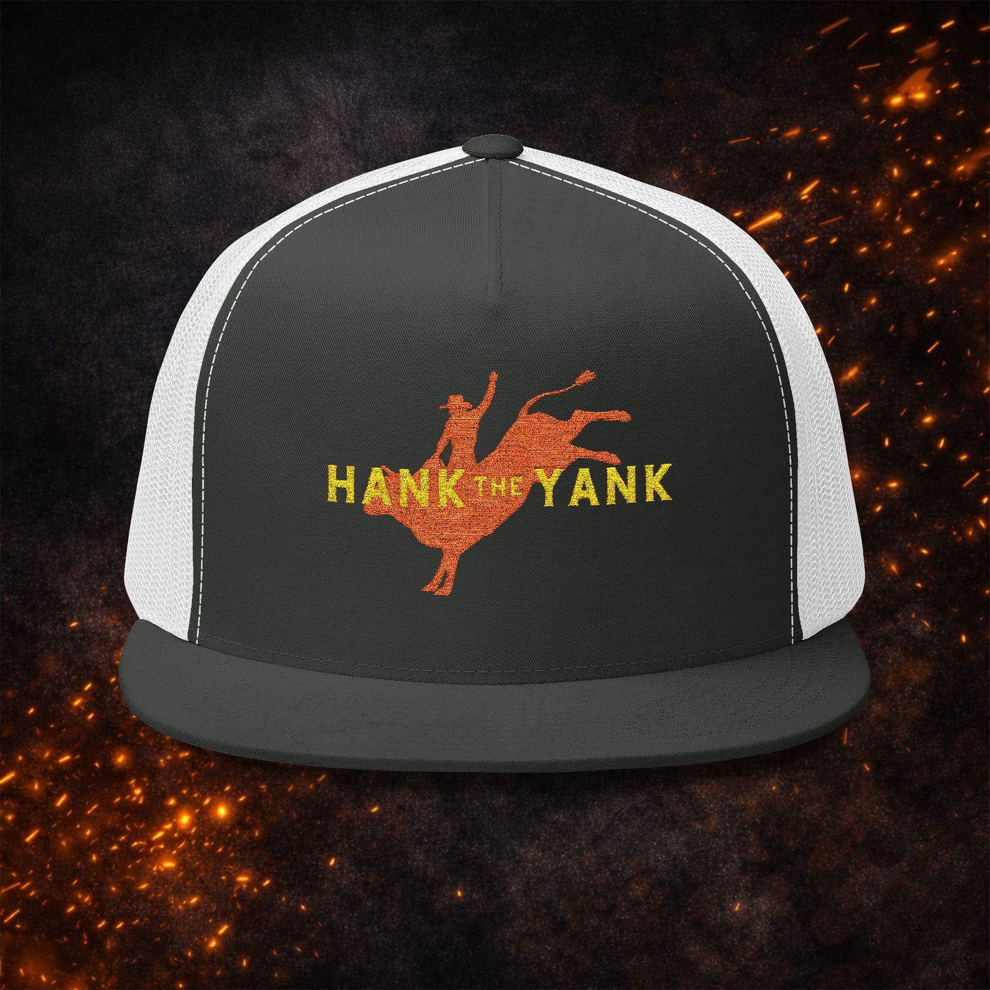 Lucid Reality x Hank The Yank Longhorn Trucker Cap in black and white colorway, displayed against a dark textured background.