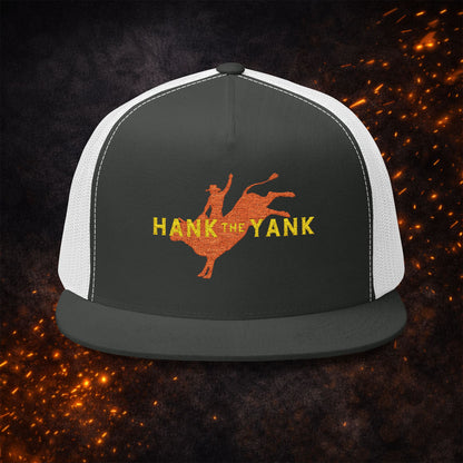 Lucid Reality x Hank The Yank Longhorn Trucker Cap in black and white colorway, displayed against a dark textured background.