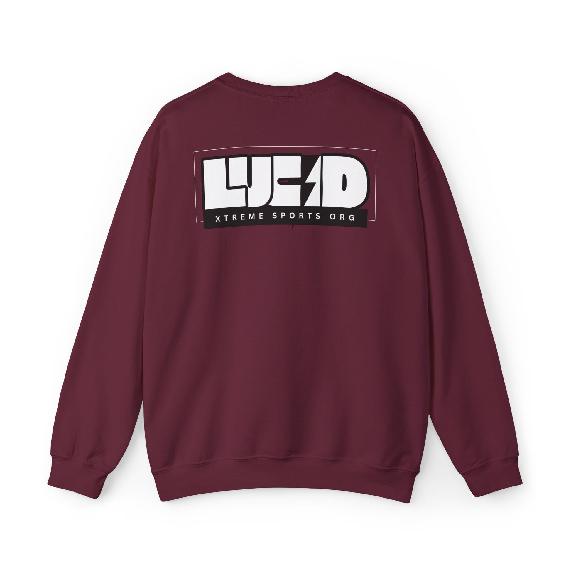 Back view of the maroon Lightning Bolt Crewneck Sweatshirt featuring the white LUCID design with lightning bolt detail.