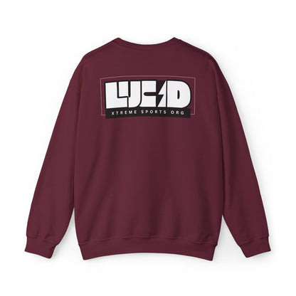 Back view of the maroon Lightning Bolt Crewneck Sweatshirt featuring the white LUCID design with lightning bolt detail.