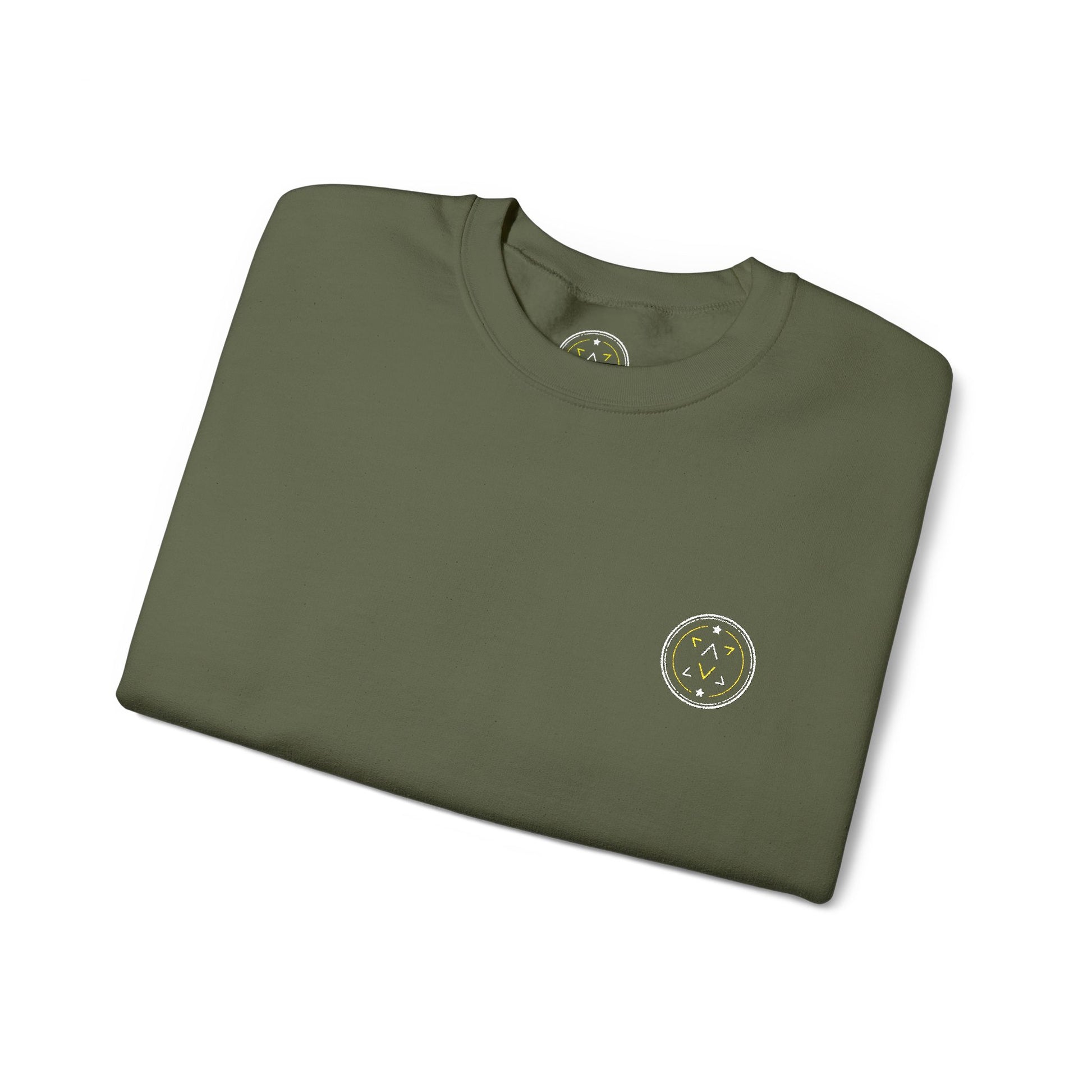 Lifestyle photo of the Lucid Reality Minimalist Embroidered Logo Crewneck – White & Gold