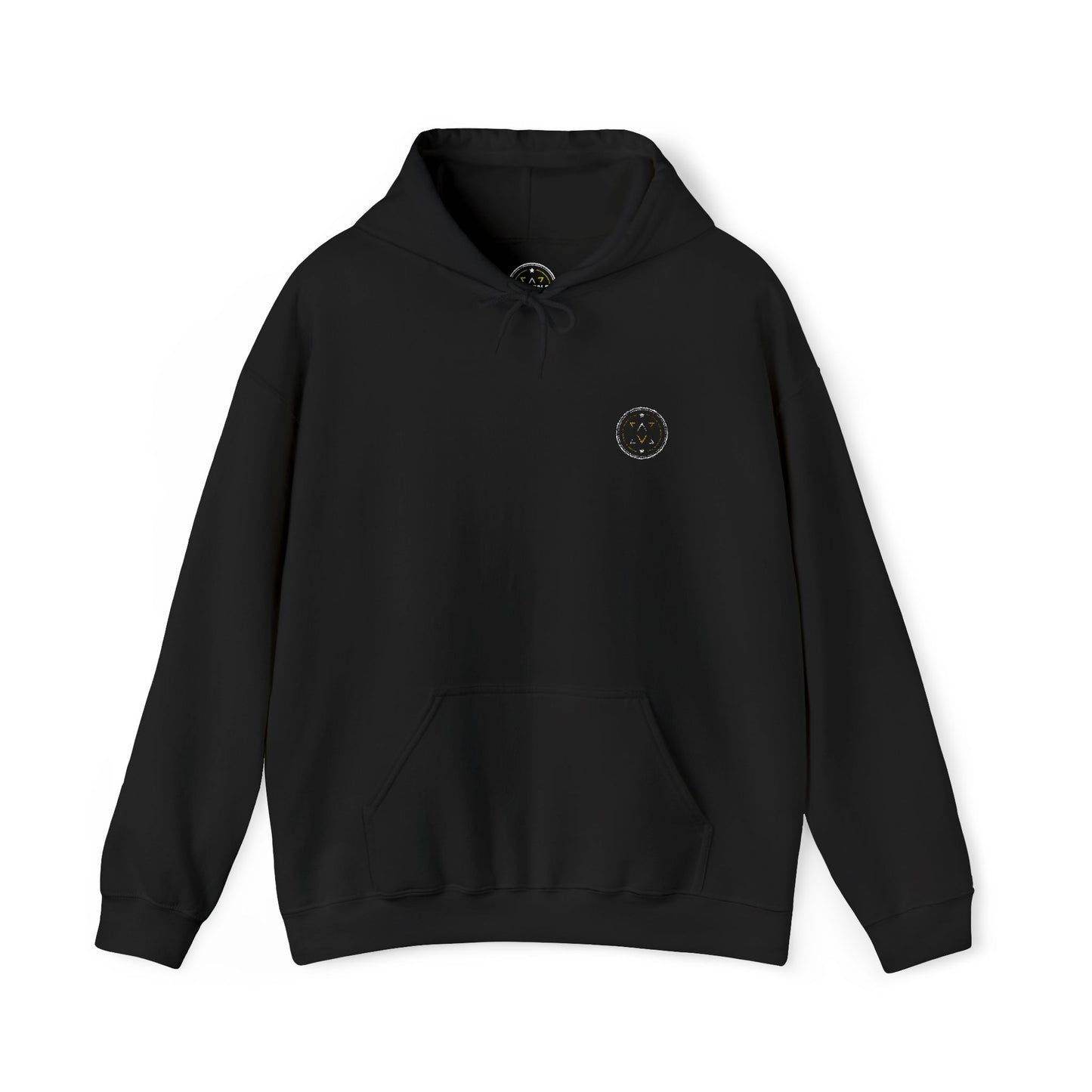 Front product mockup of the Lucid Reality Minimalist Embroidered Logo Hoodie – White & Gold