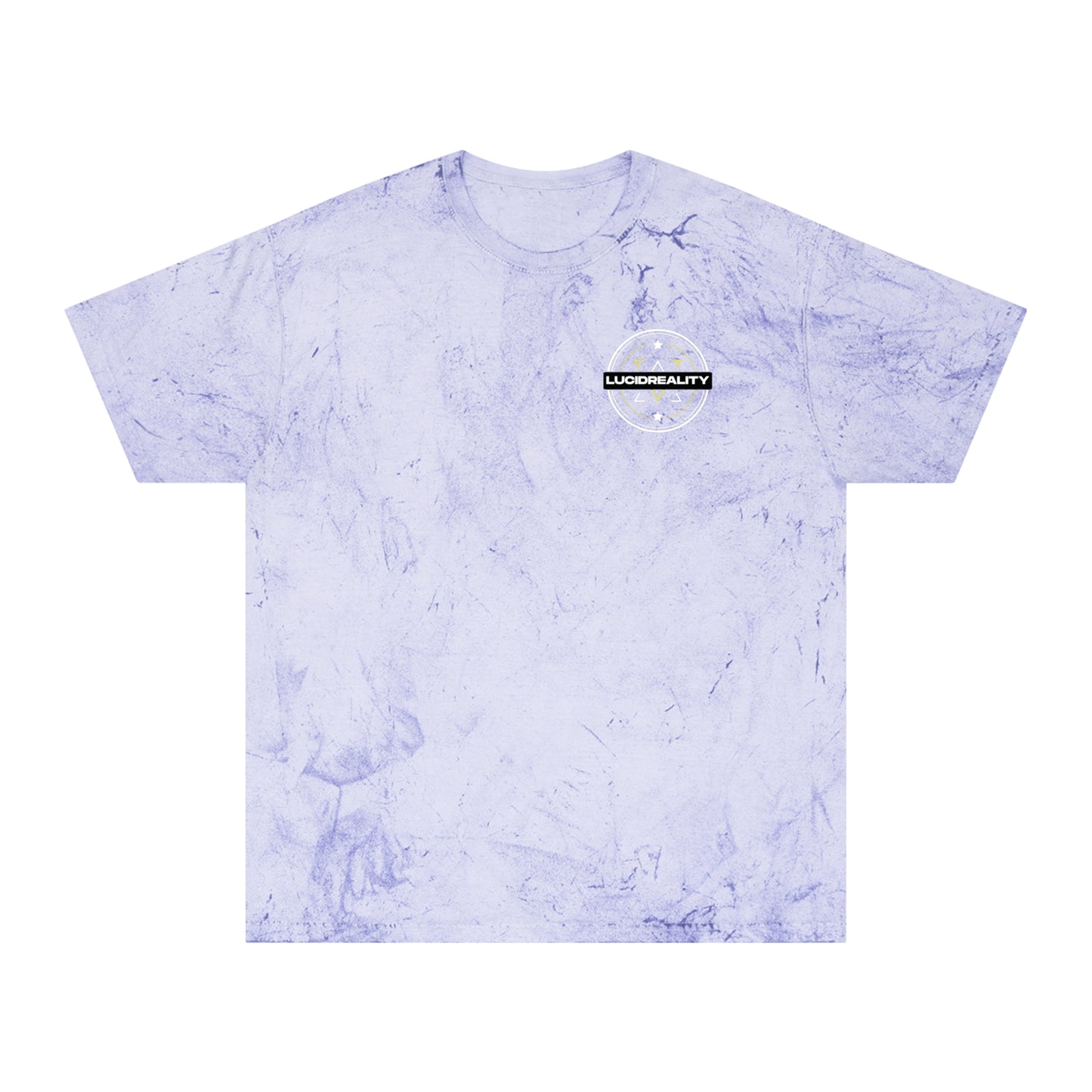 Amethyst Color Blast tee, marbled purple, front Lucid Reality emblem, flat