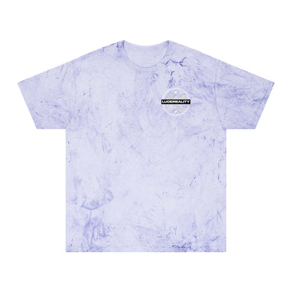 Amethyst Color Blast tee, marbled purple, front Lucid Reality emblem, flat