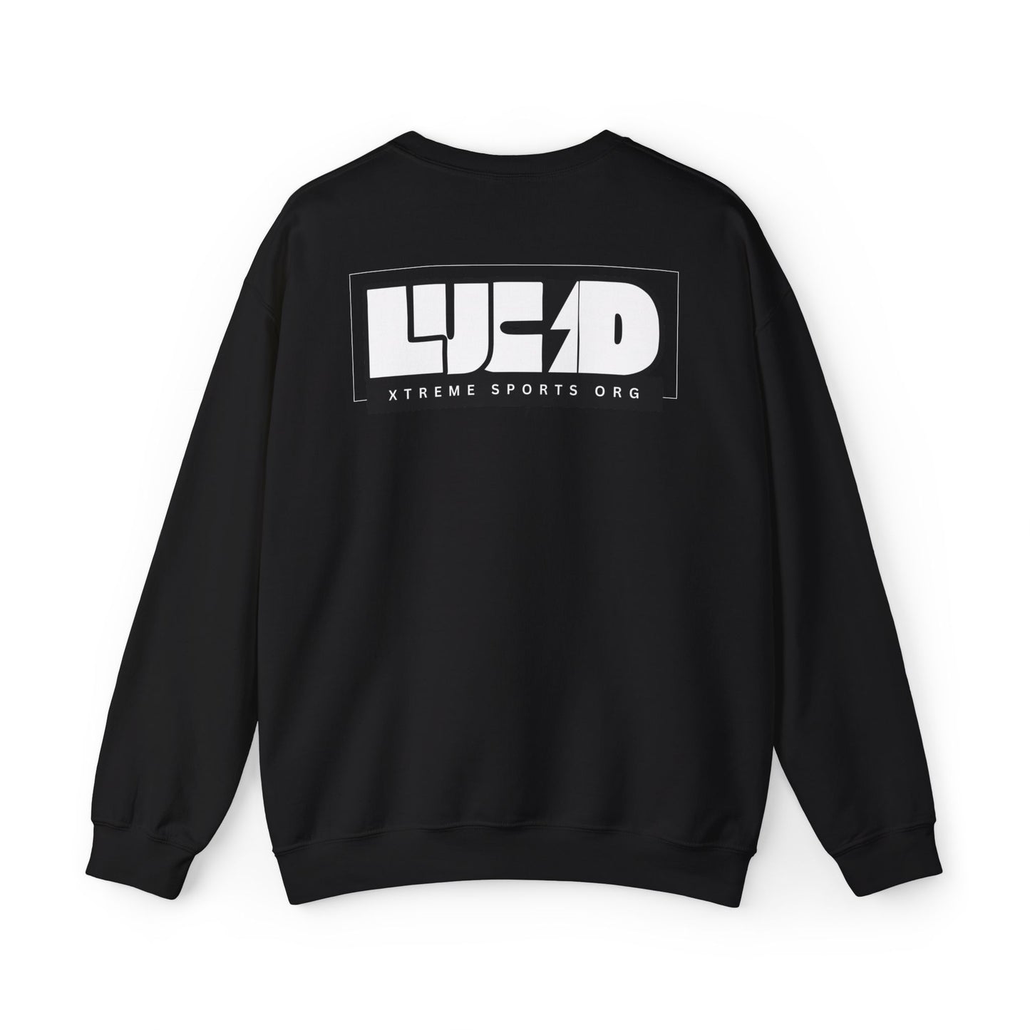 Black Lucid Reality crewneck, block LUCID logo back graphic, flat
