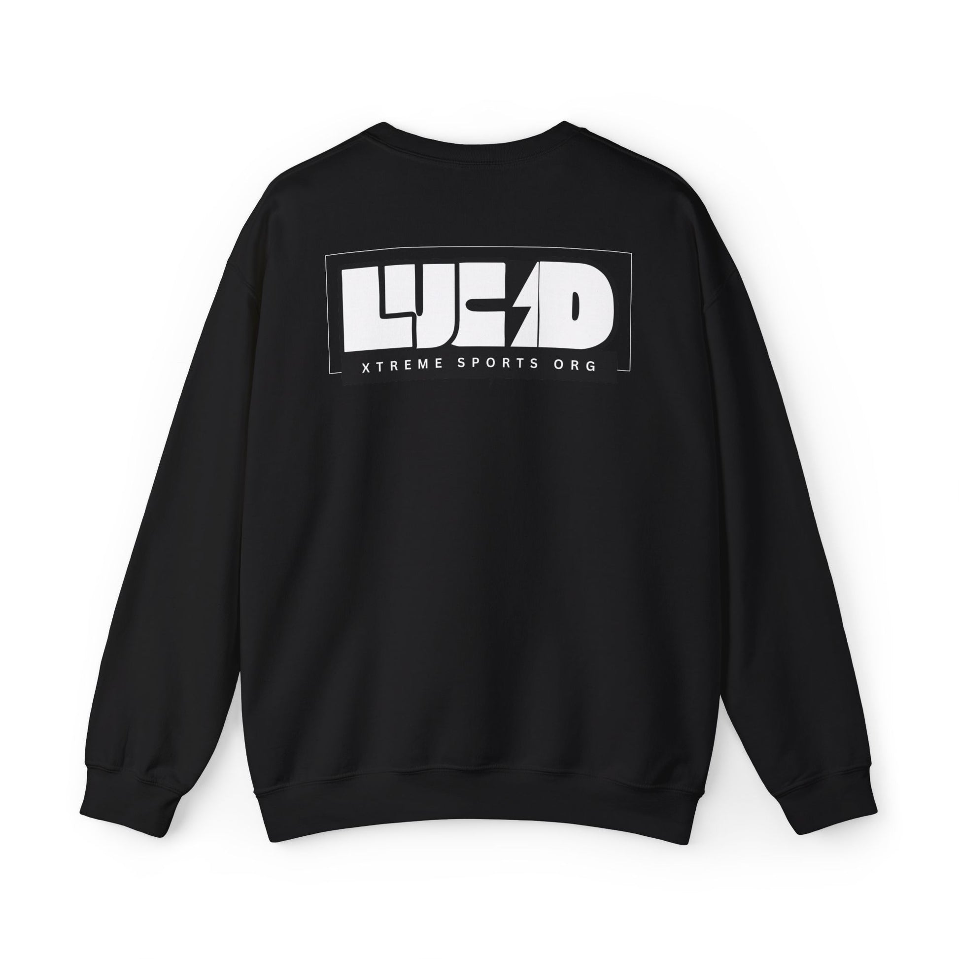 Black Lucid Reality crewneck, block LUCID logo back graphic, flat