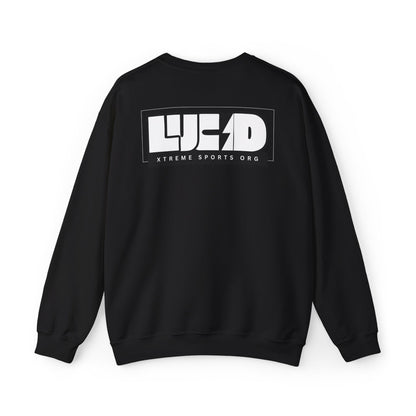 Black Lucid Reality crewneck, block LUCID logo back graphic, flat