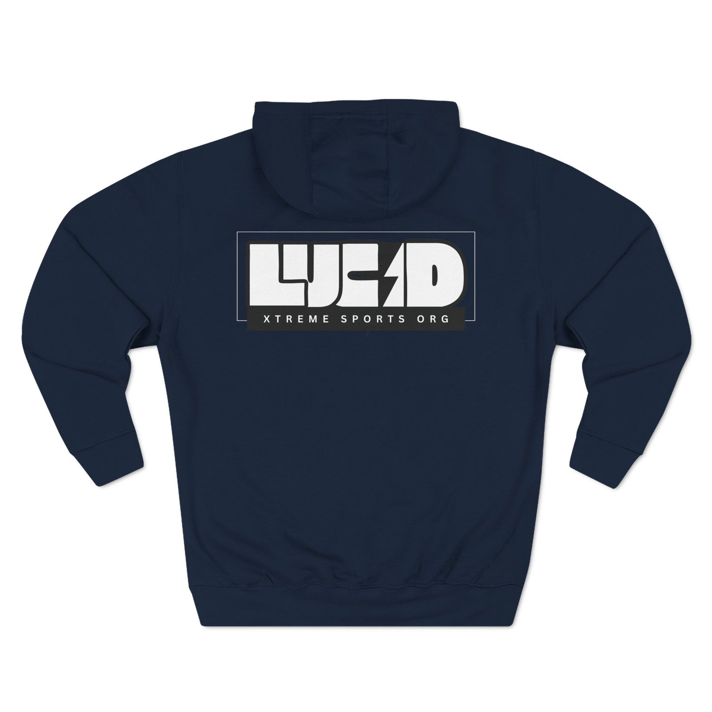 Back view of the navy Lightning Bolt Fleece Pullover Hoodie featuring the white LUCID design with lightning bolt detail.