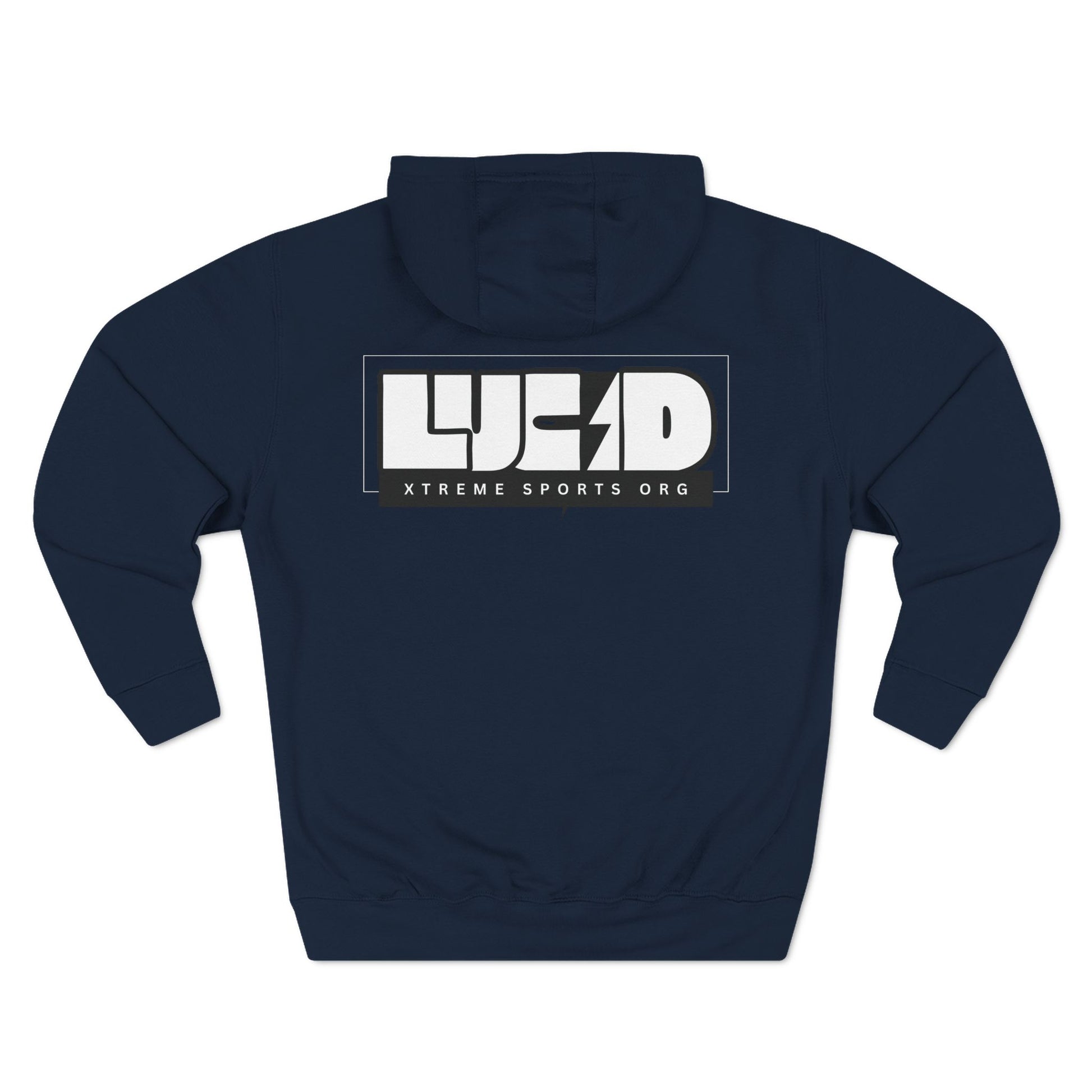 Back view of the navy Lightning Bolt Fleece Pullover Hoodie featuring the white LUCID design with lightning bolt detail.