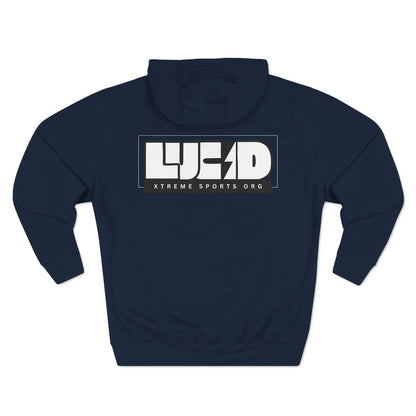 Back view of the navy Lightning Bolt Fleece Pullover Hoodie featuring the white LUCID design with lightning bolt detail.