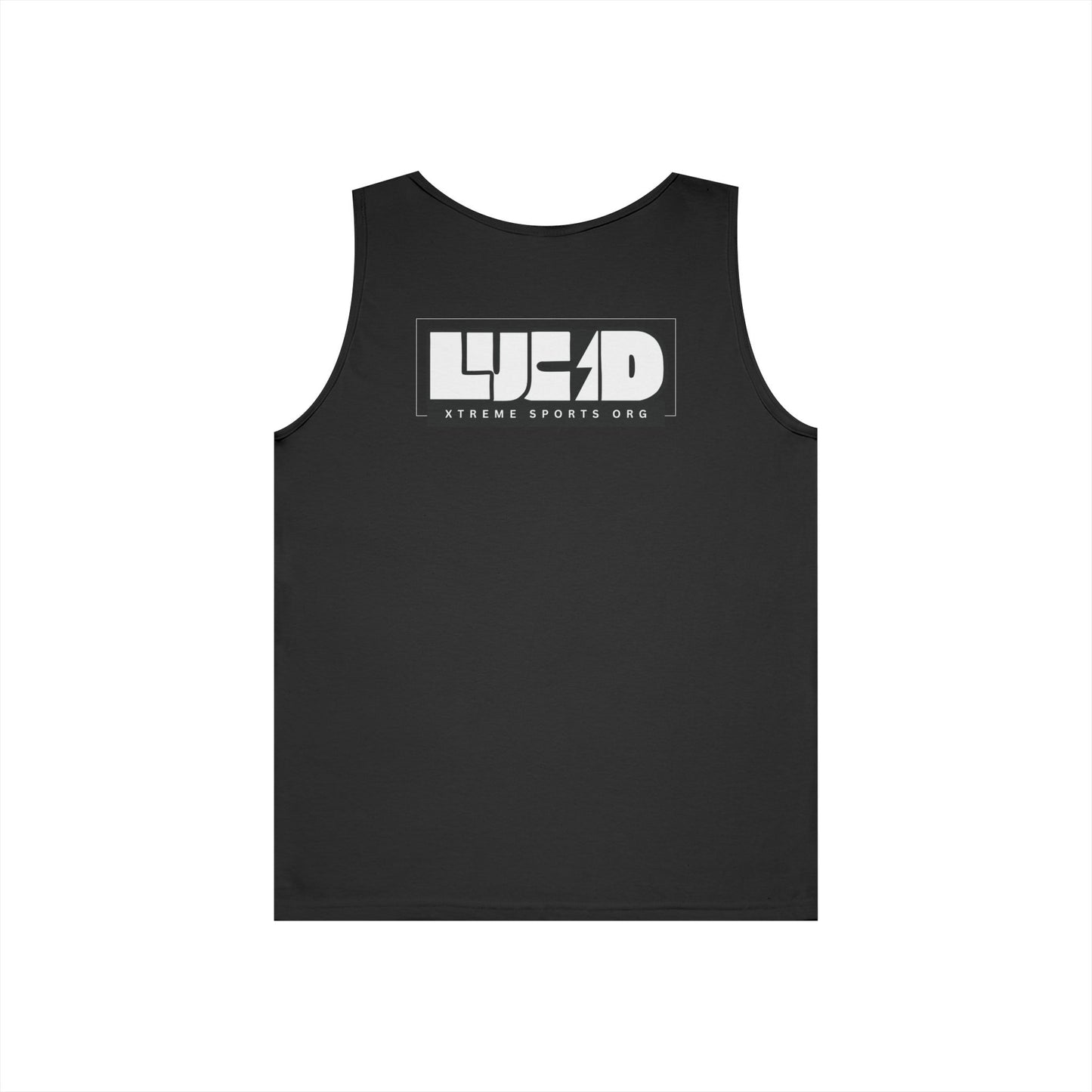 Black Lucid Block Logo tank, front Lucid Reality logo, flat lay